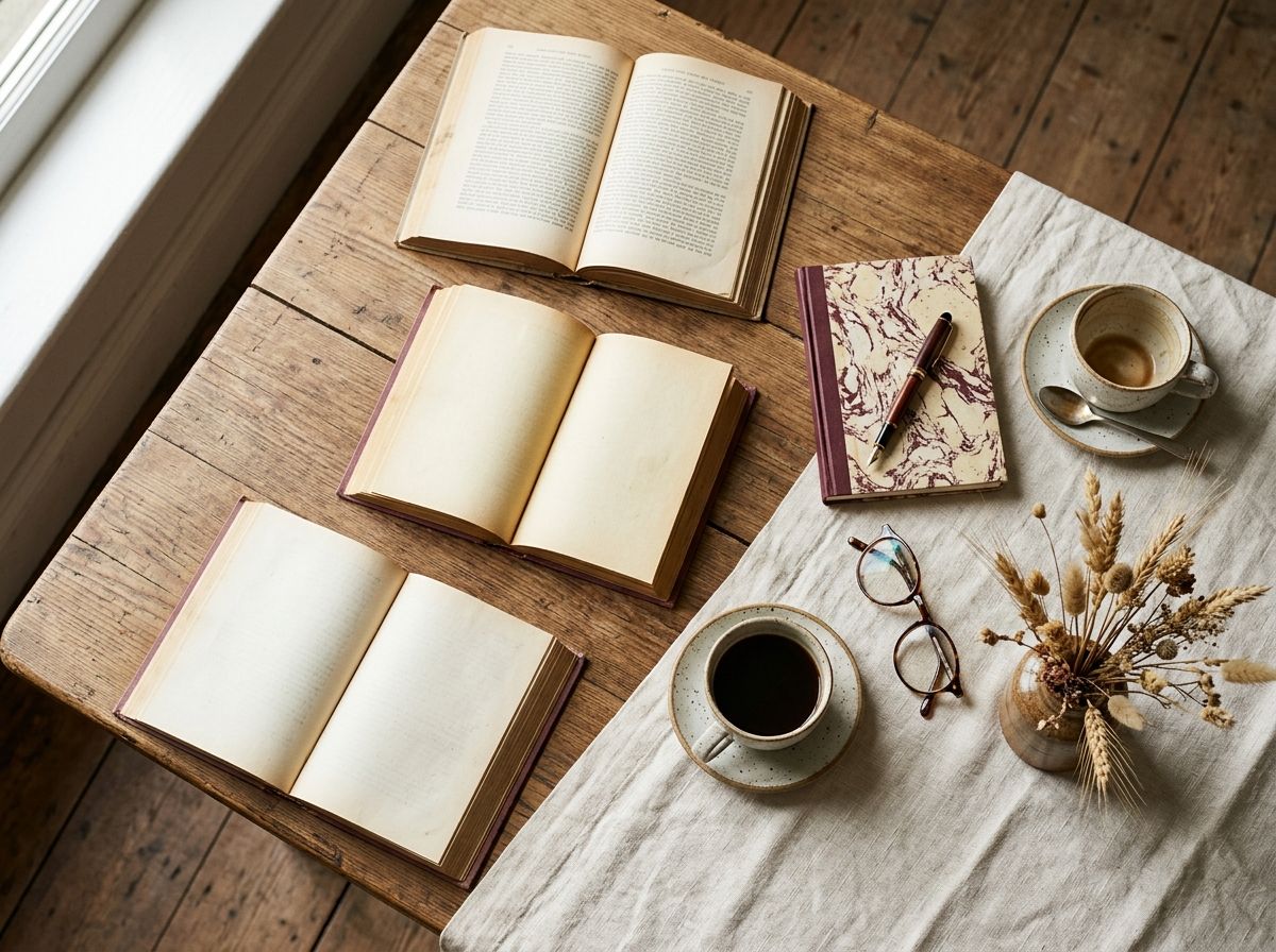 Taula amb llibres oberts, tasses de cafè i una llibreta amb ploma.