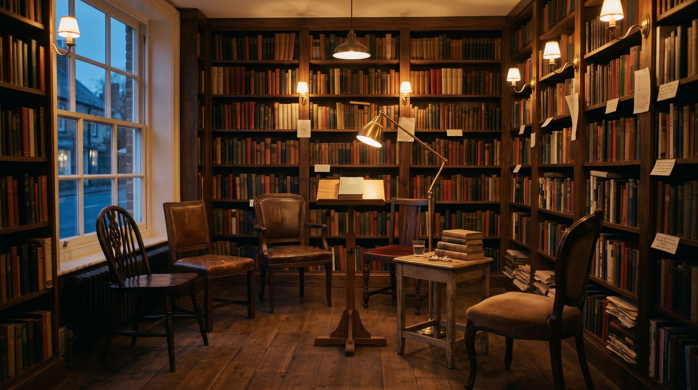 Sala de lectura amb cadires i atril, llums daurats al capvespre.