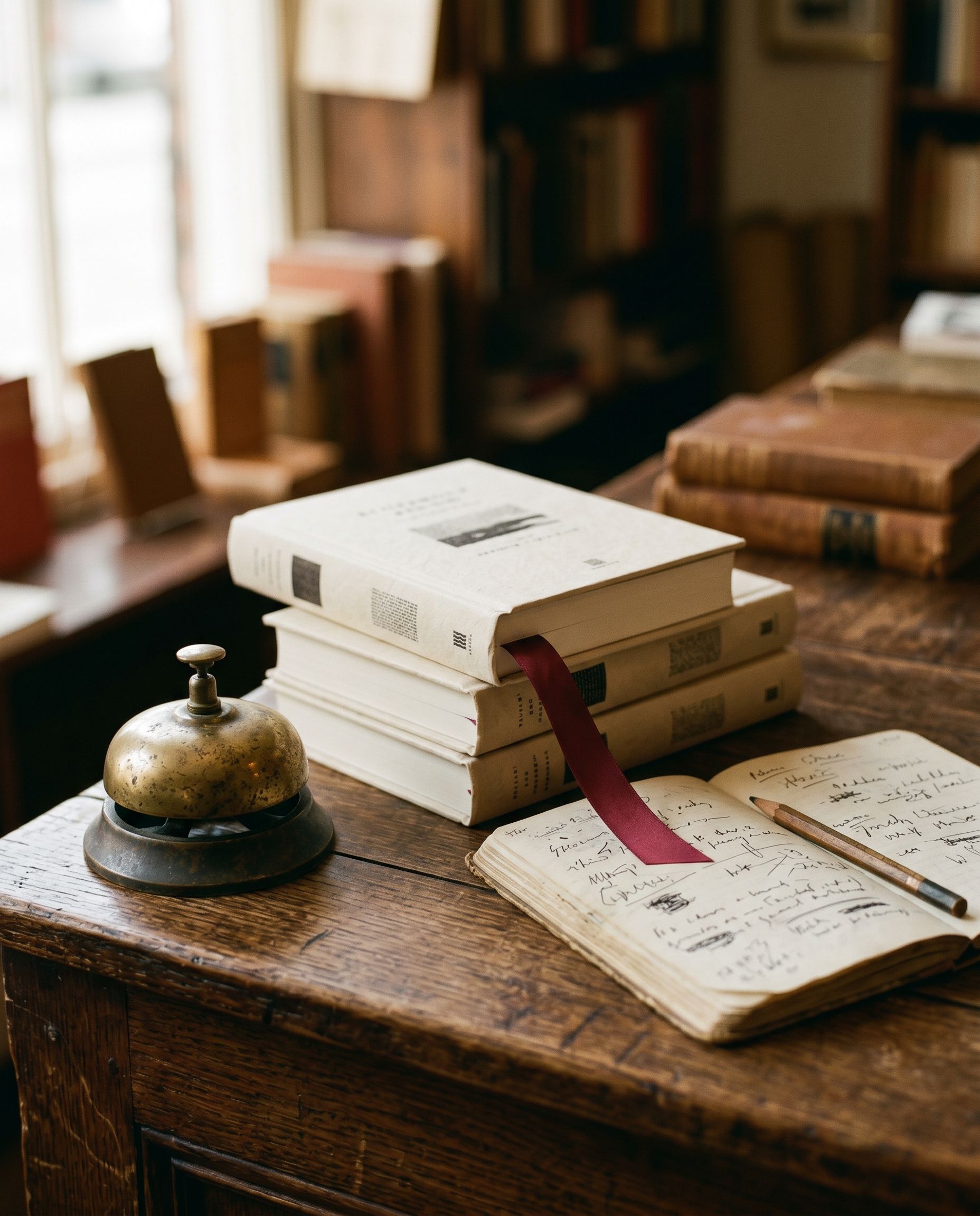 Mostra del taulell amb llibres apilats i una campana de bronze — pendent de fotografia real.