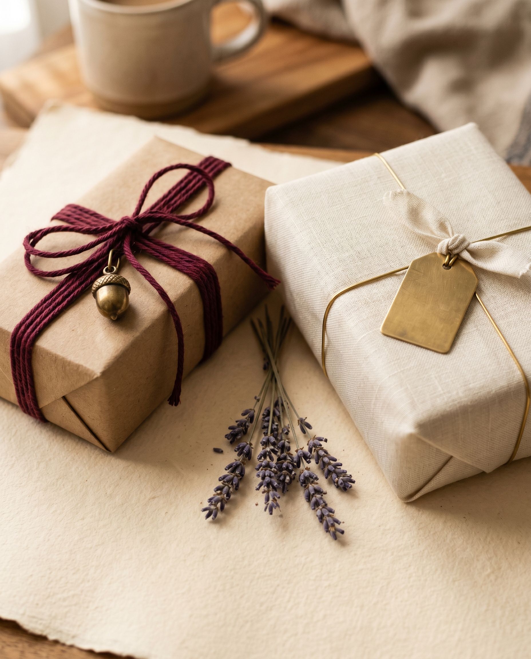 Mostra de regals embolicats amb paper kraft i cinta — pendent de fotografia real.